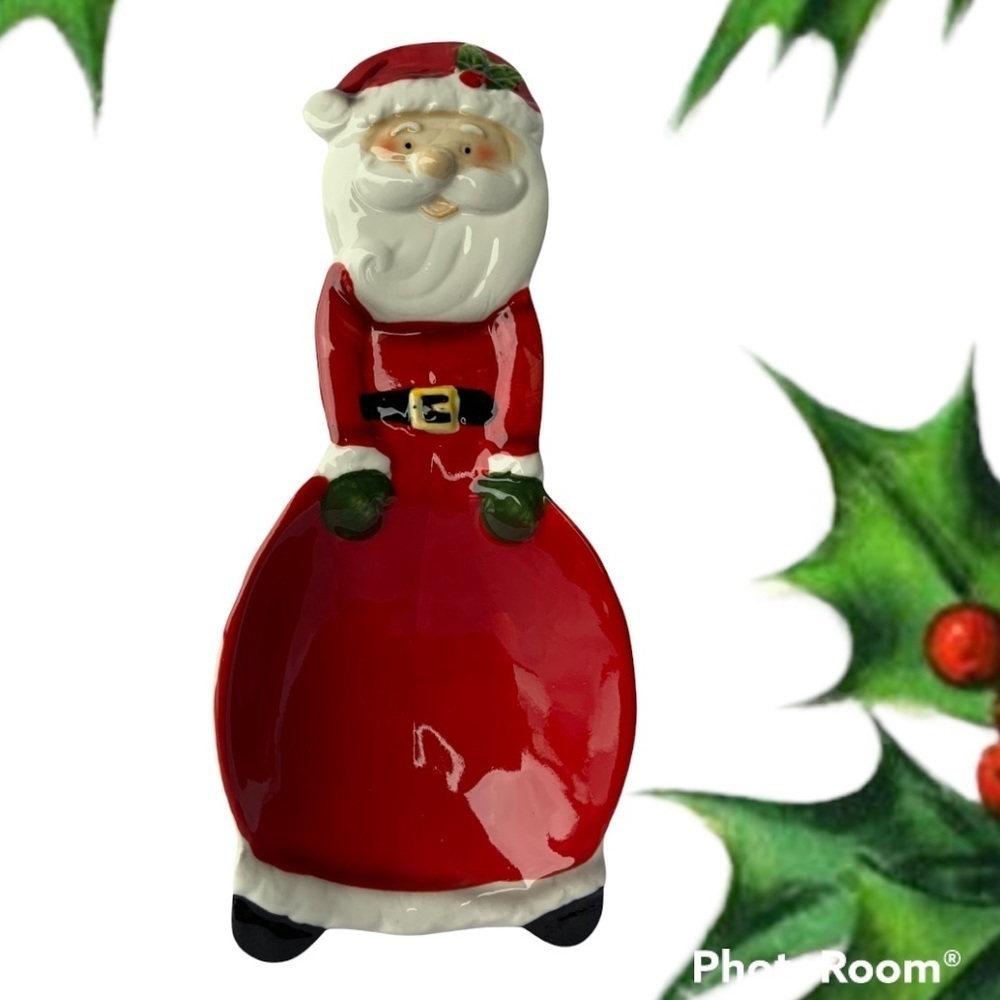 Ceramic Spoon Rest Hand Painted Christmas Santa Decor Red White Multi Color